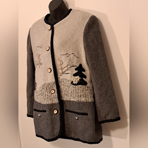 Vintage Meico Landhaus Grey Wool Embriodered Applique Jacket Misses Size 10 - Picture 3 of 10